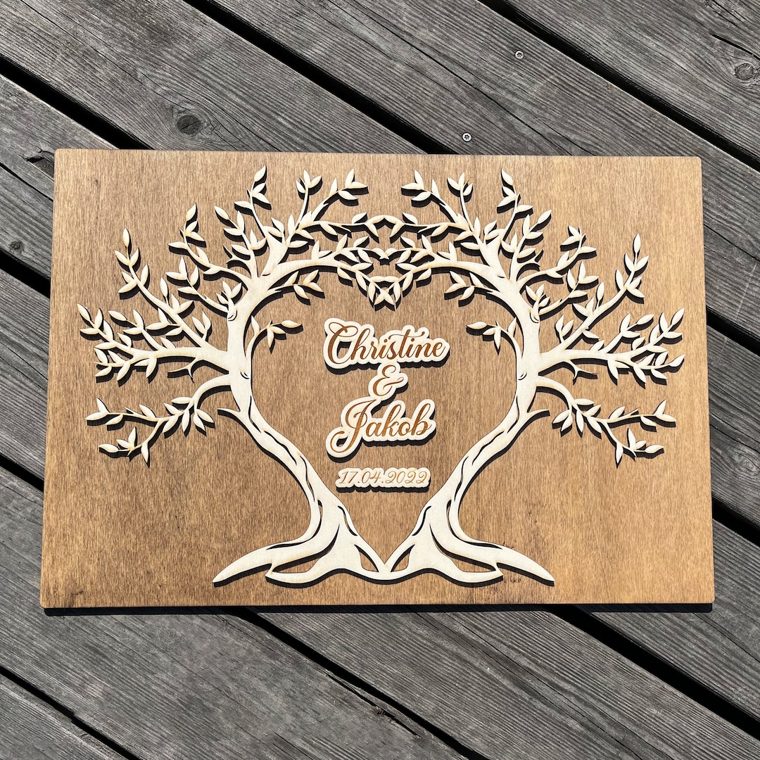 Hochzeitsbild aus Holz Herz Lebensbaum XL personalisiert 49 x 34 cm