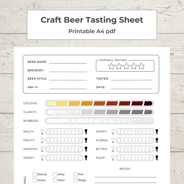 NEW - Beer Tasting Printable - A4 Sheet - Tasting Notes Guide - Perfect for Craft Ale Lovers, Homebrewers, Fun for Stag Do's