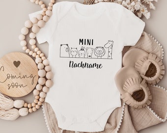 Mini surname animals baby bodysuit short sleeve customizable with name | Announce pregnancy | Baby | birth | Baby gift | Birth gift