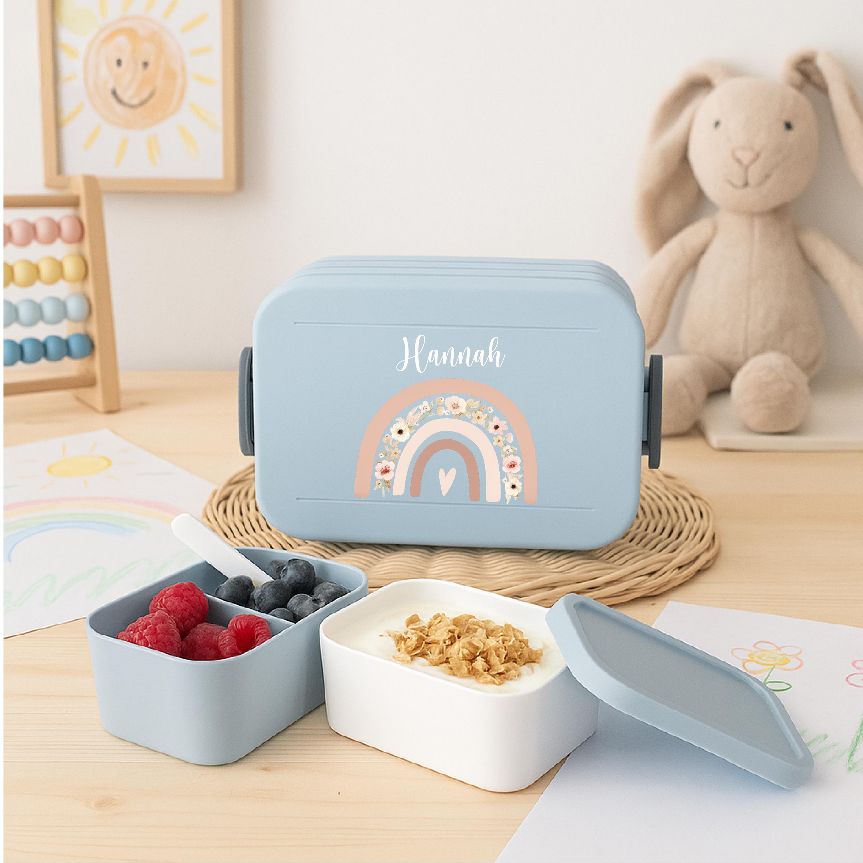 Kinder Campus Regenbogen Brotdose – Personalisiert Mit Namen, 750 Ml, Bento-Einsatz, Snack-Gabel, Spülmaschinenfest, Rosa