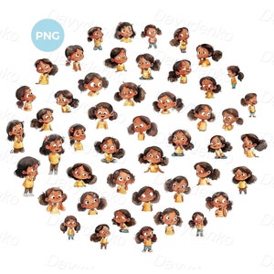 Gran conjunto de emociones para niños PNG clipart Niña de dibujos animados con diferentes expresiones faciales Emociones clipart Acuarela ilustraciones digitales