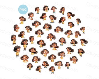 Grand ensemble d'émotions d'enfants PNG clipart Dessin animé petite fille avec différentes expressions faciales clipart émotions illustrations numériques à l'aquarelle