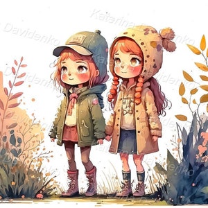 Cute two girls walking on a walkway outdoor - autumn season clipart illustration - Printable watercolor painting - anime art - cartoon kids