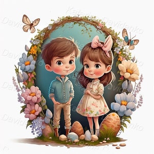 Lindo retrato de niña y niño de dibujos animados. Descarga de imágenes prediseñadas para niños. Arco de flores y mariposas. niños parados juntos