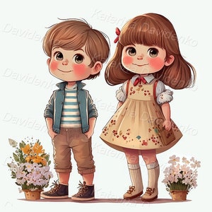 Portrait of cute cartoon little boy and girl standing together, isolated on white background. Kids clipart, children illustration, digital