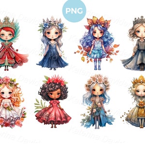 Imágenes prediseñadas de lindas princesas de dibujos animados. Imágenes prediseñadas de niña en acuarela, descarga digital, uso comercial