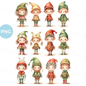 Colección de adorables elfos navideños de dibujos animados, niños y niñas sonrientes con disfraces de Navidad. Clipart PNG de niños en acuarela. Niños navideños.