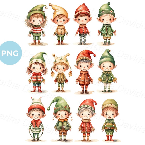 Collection of cute cartoon Christmas elves, smiling little boys and girls in Xmax costumes. Watercolor children PNG clipart. Christmas kids