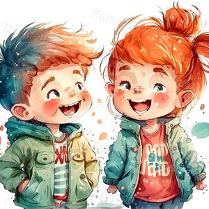Watercolor happy little cartoon children clipart. Laughing little kids, boy and girl, isolated on white background, digital download