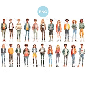 Happy Trendy Teenager Clipart, Watercolor PNG Fashion Teens Clip Art, High School Girls, Young Boys PNG, Digital Download