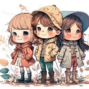 Portrait of three smiling kids, little anime girl, cartoon children standing outdoor in a row, nursery art, printable watercolor painting