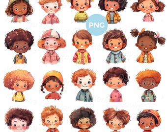 Happy cartoon  kids heads png clipart set, multinational smiling children faces, boys and girls avatars, kids emotions, digital download