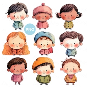 Clipart de niños felices de dibujos animados. Conjunto de lindos niños de jardín de infantes, ilustración de niños y niñas, clipart de niños, descarga digital