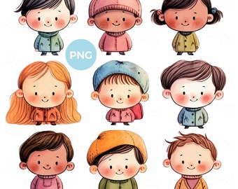 Happy cartoon kids clipart. Set of cute kindergarten kids, little boys and girls illustration, children clipart, digital download