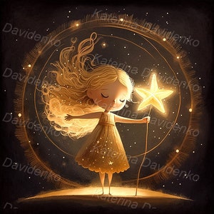 Adorable hada de dibujos animados con estrella dorada. Paisaje nocturno. Ilustración digital de fantasía para libro infantil. Clipart infantil imprimible.
