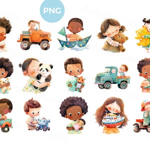 Colección de lindos niños pequeños con diferentes juguetes PNG clipart. Niños felices y sonrientes jugando con juguetes. Ilustración acuarela de dibujos animados