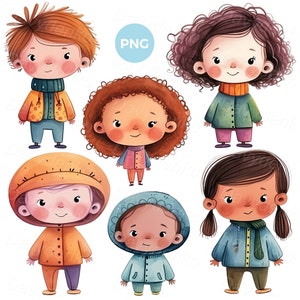 Conjunto de imágenes prediseñadas PNG de niños pequeños de dibujos animados. Niños adorables de pie. Imágenes prediseñadas de acuarela de niñas y niños sonrientes, descarga digital.