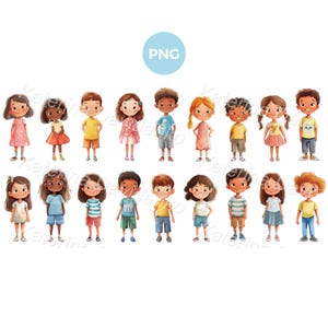 Conjunto de imágenes prediseñadas de niños de dibujos animados. Niños de pie en toda su altura. Imágenes prediseñadas de dibujos animados de niños. Descarga PNG de niños Ilustración de niños en acuarela, vista frontal