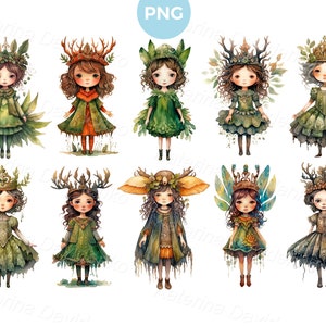 Set of cartoon little forest elves, fantasy characters, druid girls in green dresses with deer antlers, PNG clipart. Watercolor illustration