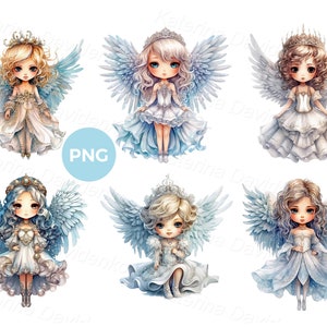 Colección de lindos angelitos, PNG clipart conjunto de niñas de dibujos animados en disfraces de ángel con alas y coronas