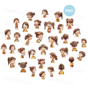 Cute kids emotions PNG clipart set. Cartoon girl with different facial expressions clipart. Isolated characters, watercolor illustrations