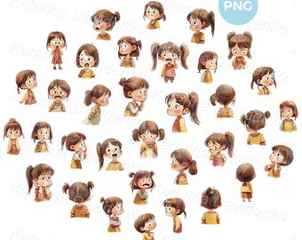 Cute kids emotions PNG clipart set. Cartoon girl with different facial expressions clipart. Isolated characters, watercolor illustrations