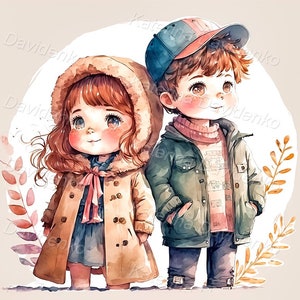 Watercolor portrait of cute children, boy and girl, printable painting, nursery art, kids clipart