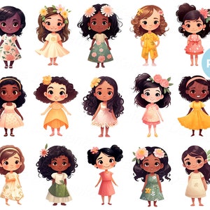Сartoon little girls PNG clipart set, preschool kids standing in a row, cute smiling children clip art, kindergarten kids clipart