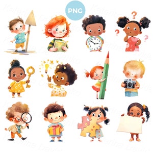 Imágenes prediseñadas PNG de niños de dibujos animados, conjunto de imágenes aisladas de niños en acuarela, niño pequeño con símbolo, niño con reloj, niña con pancarta, presente