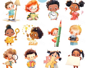 Cartoon kids PNG clipart, set of isolated watercolor children pictures, little kid with symbol, boy with clock, girl with banner, present