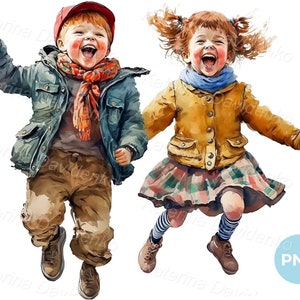Happy cheerful two kids, little boy and girl, jumping together, children PNG clipart, digital watercolor painting. Kids png clipart