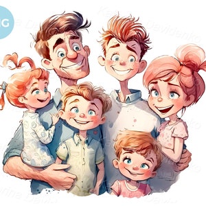Family PNG clipart. Happy cartoon big family with many children. Watercolor portrait. Dad, mom, three sons and little daughter.