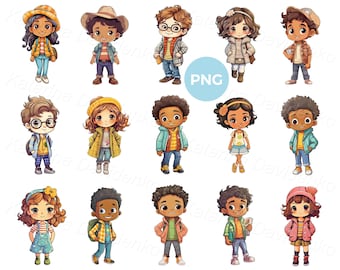 Cartoon children in different casual clothes, kids icons, happy boys and girls clipart, isolated anime characters, standing kids PNG clipart