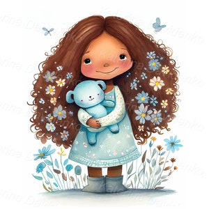 Smiling cartoon little girl hugging teddy bear, white background, watercolor painting, nursery art.