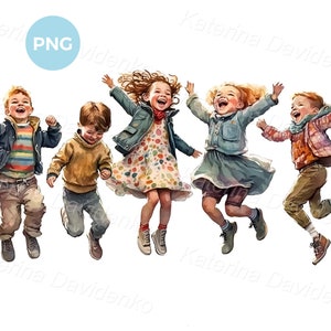 Imágenes prediseñadas de niños de dibujos animados, niños lindos saltando juntos de alegría, niños felices en fila, amigos riendo, pintura de acuarela