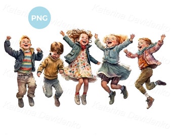 Cartoon kinderen png-clipart, schattige kinderen samen springen van vreugde, blije kinderen op een rij, lachende vrienden, aquarel