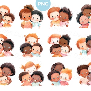 Collection of groups of smiling little children. Cartoon multiethnic happy kids PNG clipart cute preschoolers. Portraits of hugging children