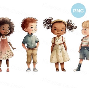 Lindos niños en edad preescolar, dibujos animados aislados de niños pequeños con ropa casual de verano, niños y niñas sonrientes acuarela PNG clipart