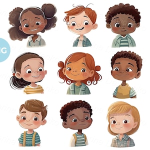 avatares de niños felices, conjunto de dibujos animados multiétnicos lindos niños y niñas, caras sonrientes de niños PNG Clipart