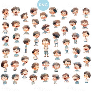 Big PNG Set of Watercolor Kids Clipart Children Face expressions Kids Emotions Clipart Digital Illustrations Download