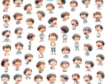 Gran conjunto PNG de imágenes prediseñadas de acuarela para niños, expresiones faciales de niños, emociones de niños, ilustraciones digitales, descarga