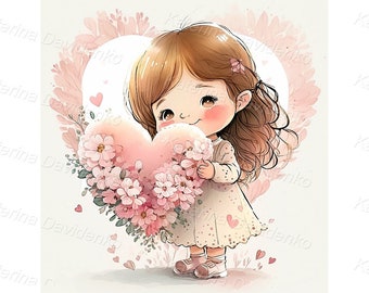 Cute little cartoon girl holding pink heart with flowers. Watercolor painting, printable nursery art.