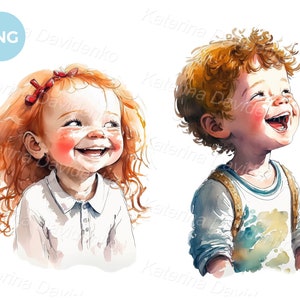 Watercolor painting of happy laughing little kids, boy and girl, children PNG clipart, digital download