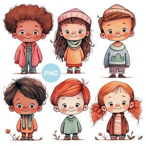 Conjunto de dibujos animados de niños pequeños PNG clipart. Lindos niños de jardín de infantes de pie en fila con ropa informal. Clipart de niños felices