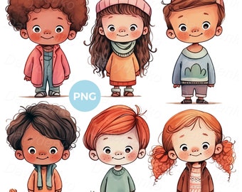 Set of cartoon little children PNG clipart. Cute kindergarten kids standing full height in a row in casual clothes. Happy kids clipart