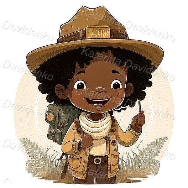 Illustration of cute little girl explorer with backpack. Cartoon smiling kid face clipart. Tourism, journey, hiker, explorer, traveler image