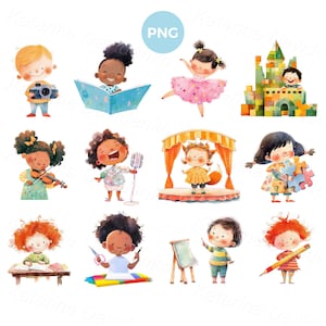 Conjunto de imágenes prediseñadas PNG de niños de dibujos animados de acuarela aislados, imágenes de actividades infantiles, canto de niños pequeños, actuación, lectura infantil, baile