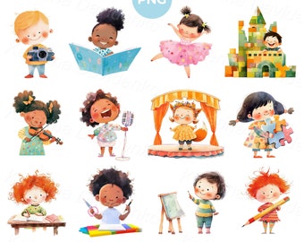 Set of isolated watercolor cartoon kids PNG clipart, children activities pictures, little kid singing, performance, child reading, dancing