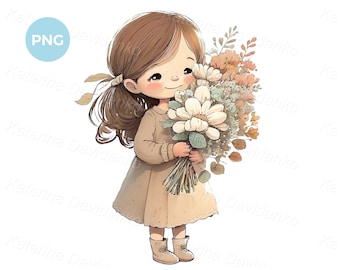 Design for children's greeting card. Cute little girl with a bouquet of flowers PNG clipart Watercolor painting nursery art digital download