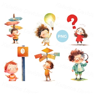 Set Cartoon Clipart Little Kids with Different Symbol Signs and Objects Cartoon Child with Road Sign Direction Idea Problem Solution